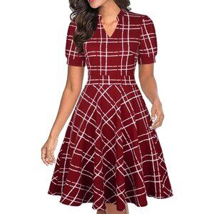 Women Red Plaid Short Puff Sleeve Flare Semi-Formal Summer Dress With Pockets